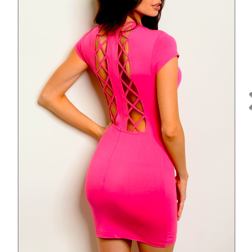 Fuchsia mock neck lace-up back bodycon mini dress